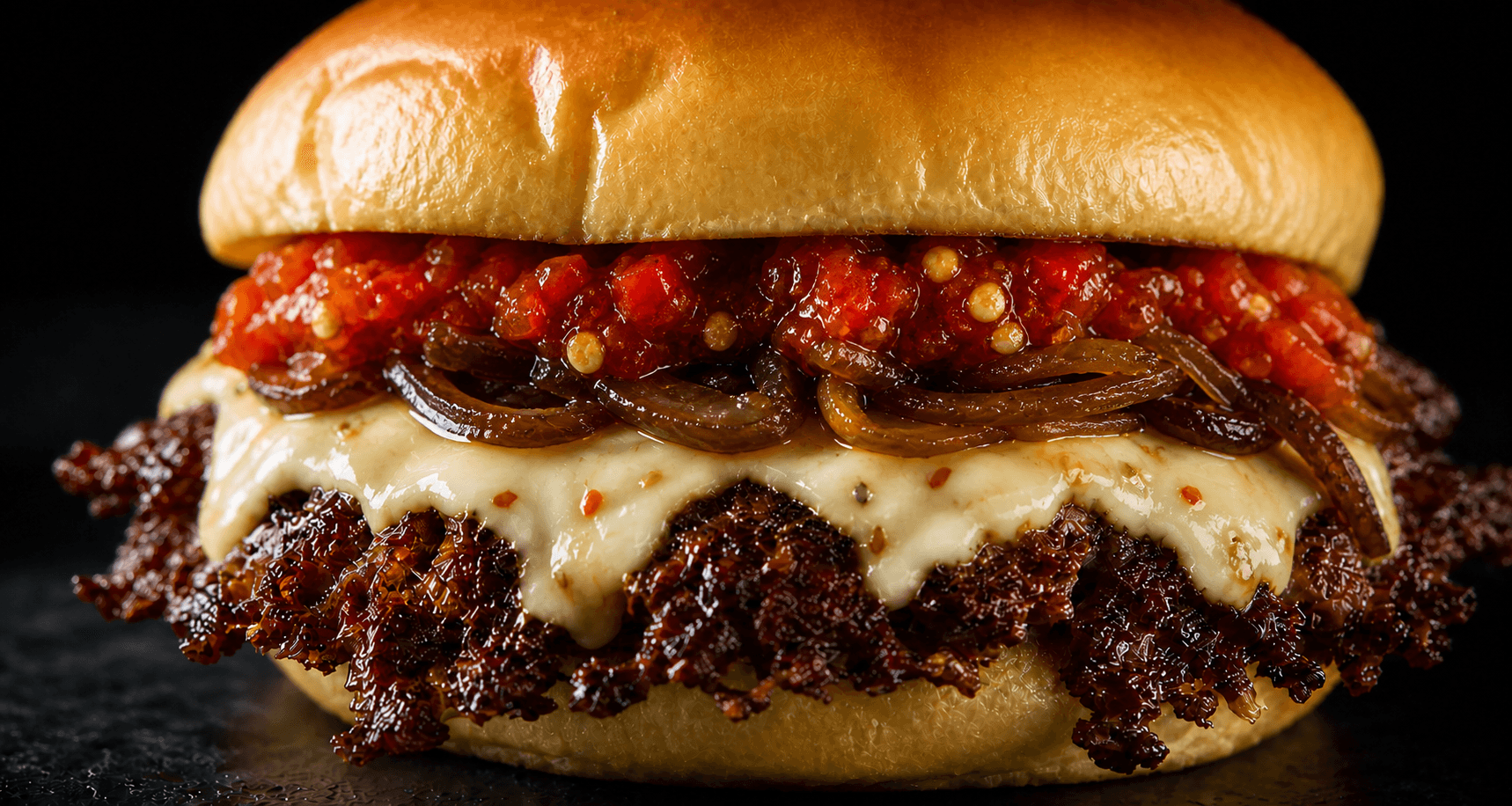 Hot Honey Smash burger with pepper jack cheese, red pepper relish, caramelized onions, and hot honey