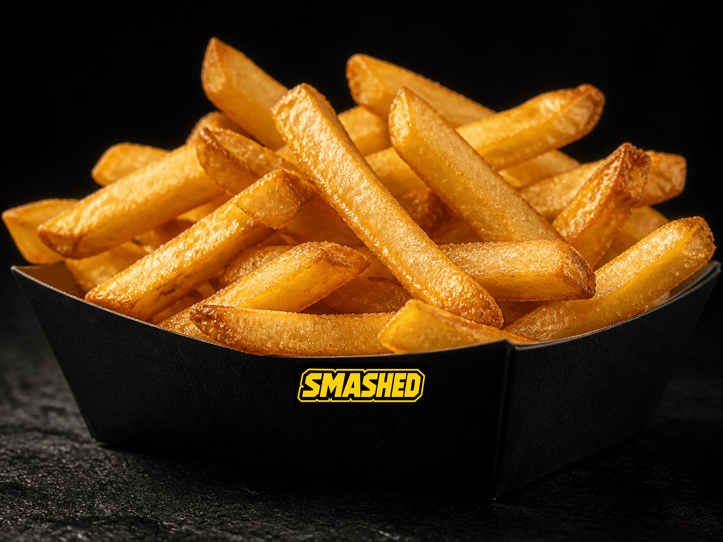 Regular fries in a black SMASHED box