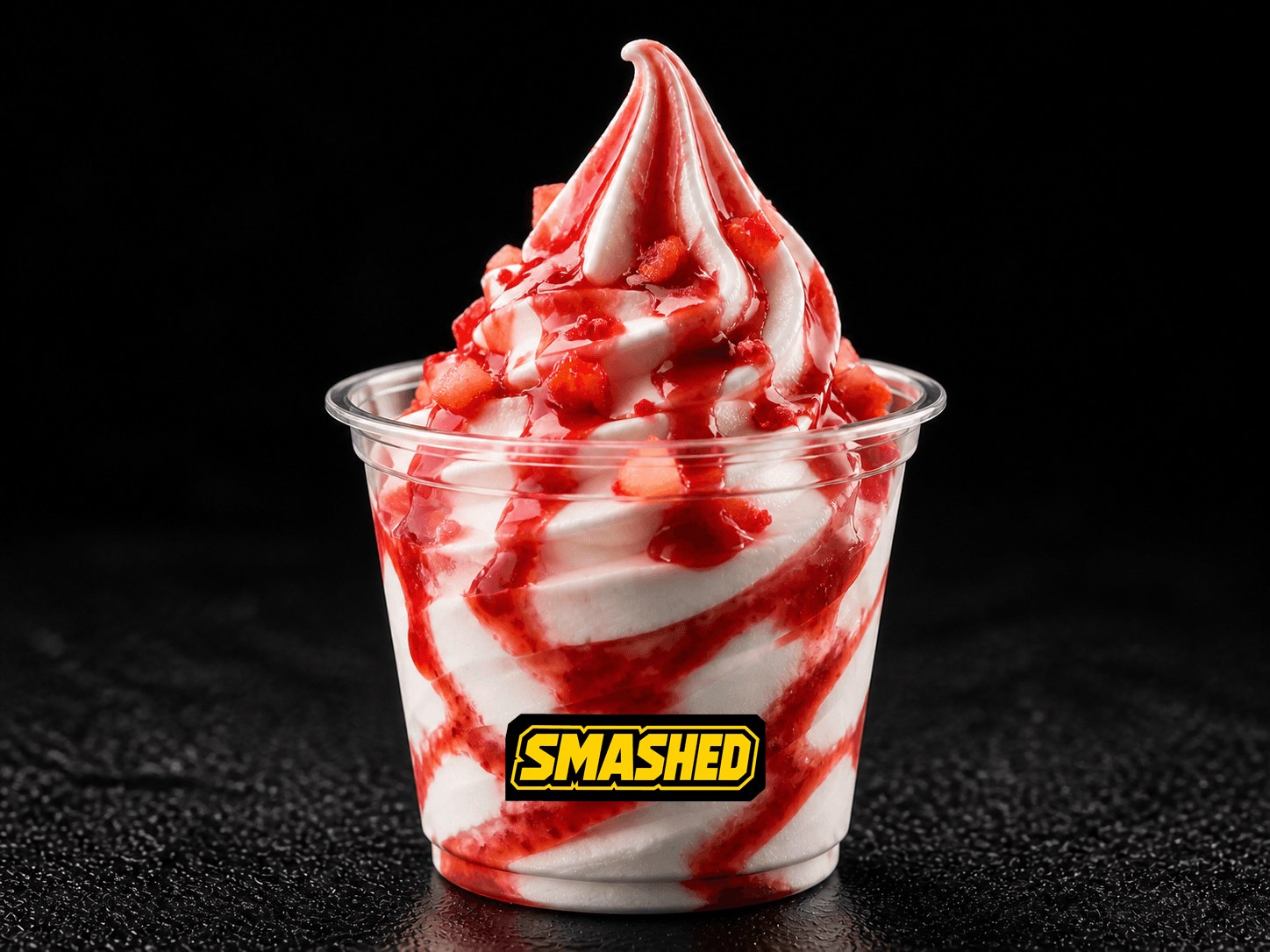 Strawberry soft serve in a branded clear cup